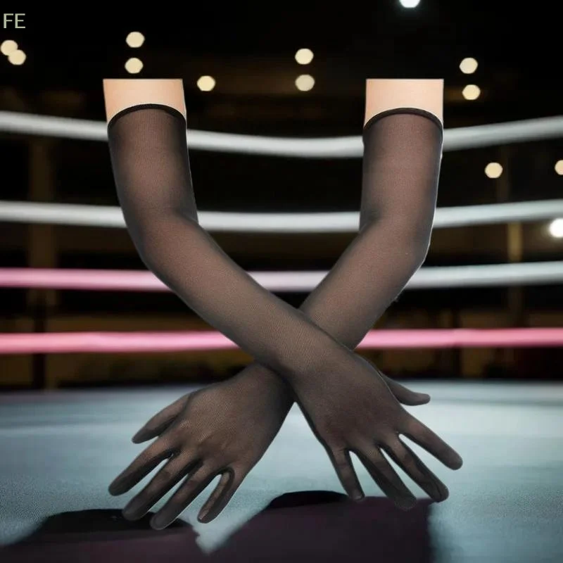 

[F] 55CM Sexy Lace Thin Hollow Transparent Long Gloves Breathable Net Yarn Women Man Stage Performance Party Cosplay Elasticity