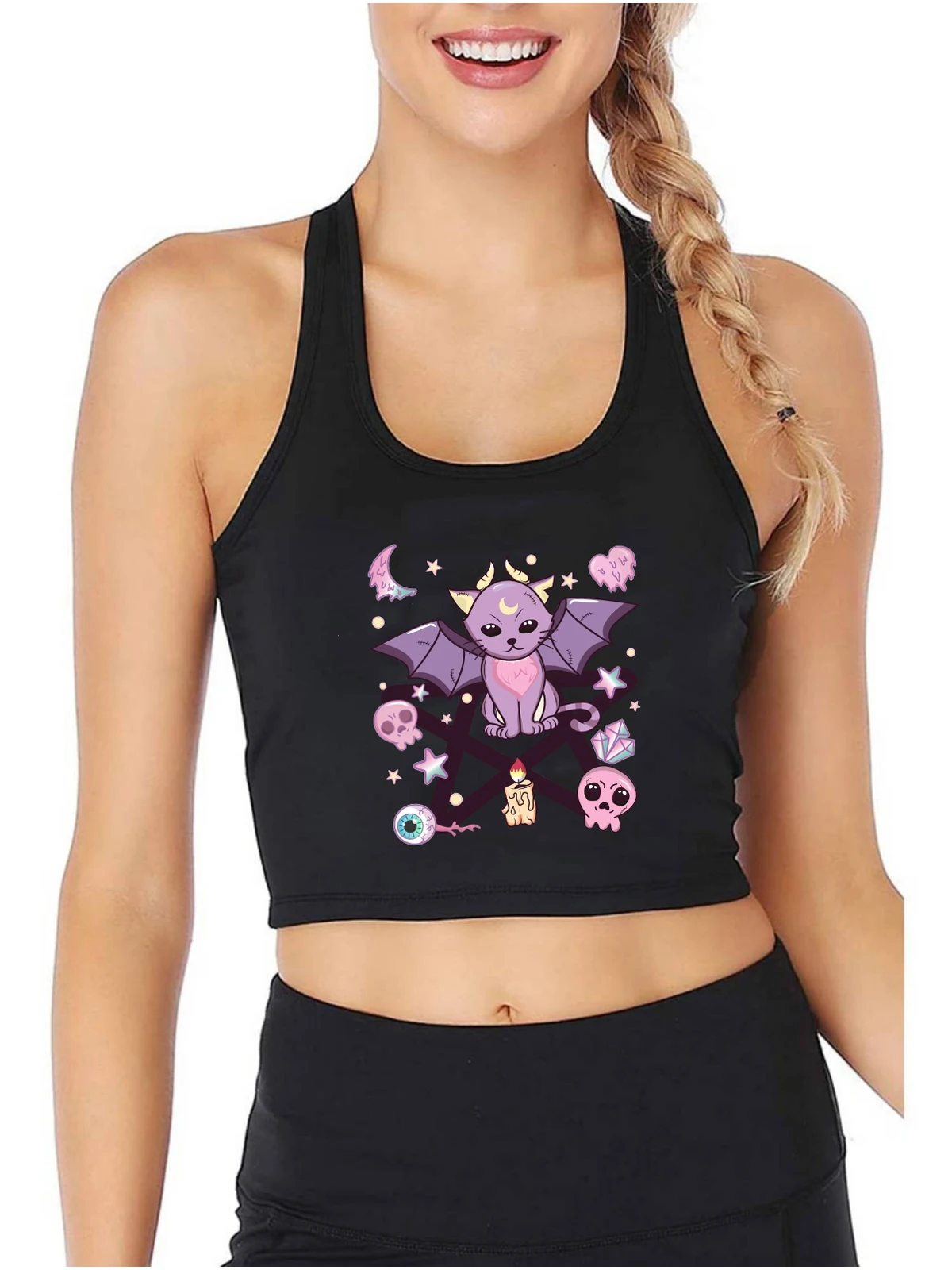 

Pentagram Pastel Goth Creepy Cat Graphics Tank Tops Halloween Gothic Sexy Slim Fit Crop Top Satan Style Cotton Sports Camisole