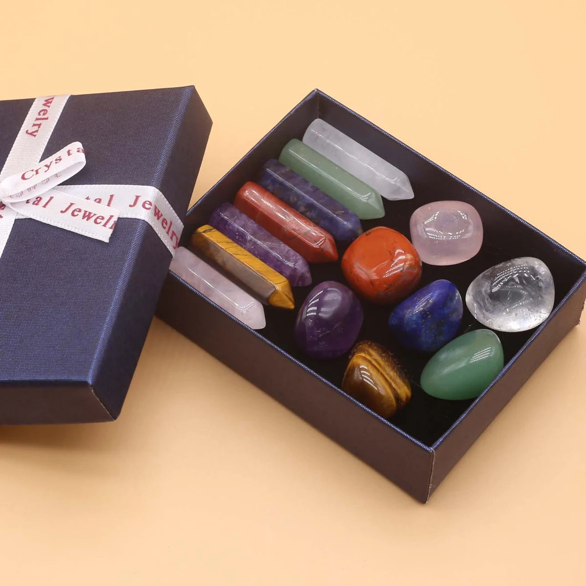 14pcs/Set Natural Stone Charms Ornament Quartz Agate Hexagonal Prism Chakras Healing Stone Table Home Decoration Gifts Box