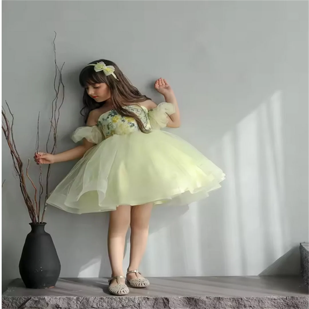 Off Shoulder Flower Girl Dress Tulle Applique Puffy For Wedding Princess Child First Eucharistic Birthday Party Dress