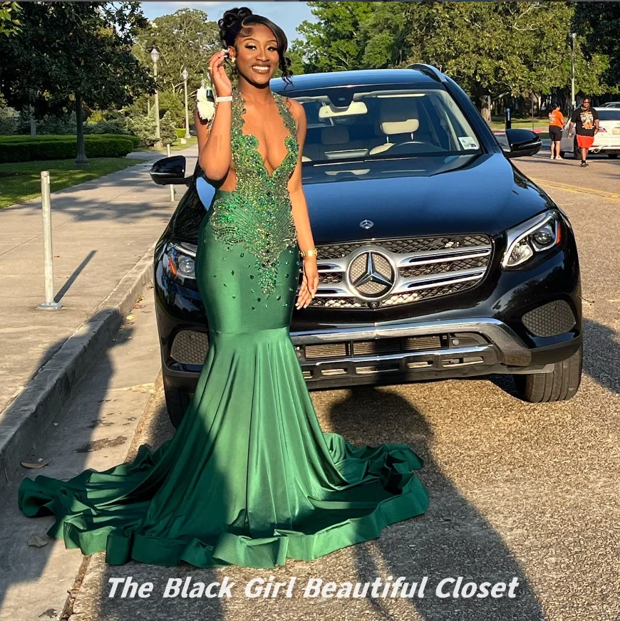 Elegant Green Prom Dresses African Girls Glitter Diamonds Beaded Sequins Decoration Party Gowns 2024 Long Fishtail Dresses