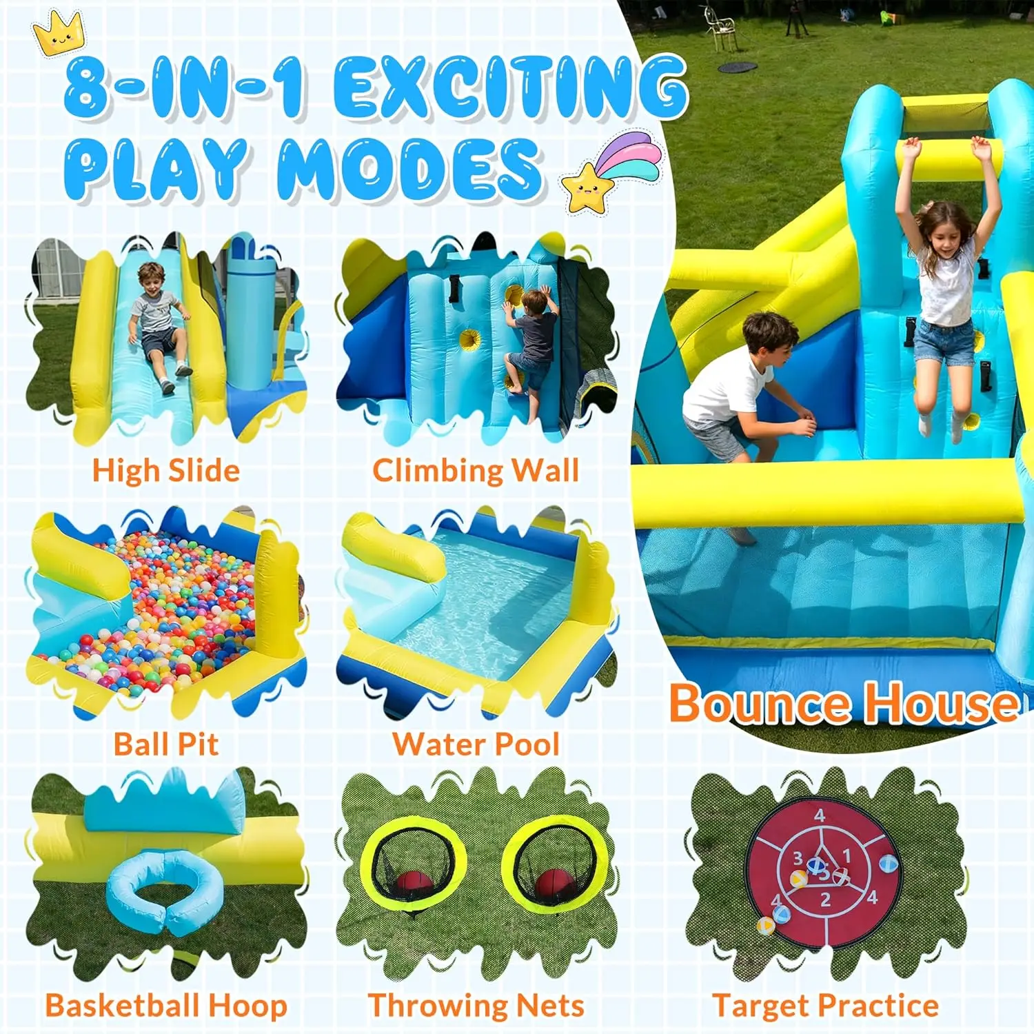 Bounce House, 8-in-1 Gameplay Mode Inflatable Bounce House for Kids | Sturdy and Durable Bouncy House with Blower, Bouncy Castle