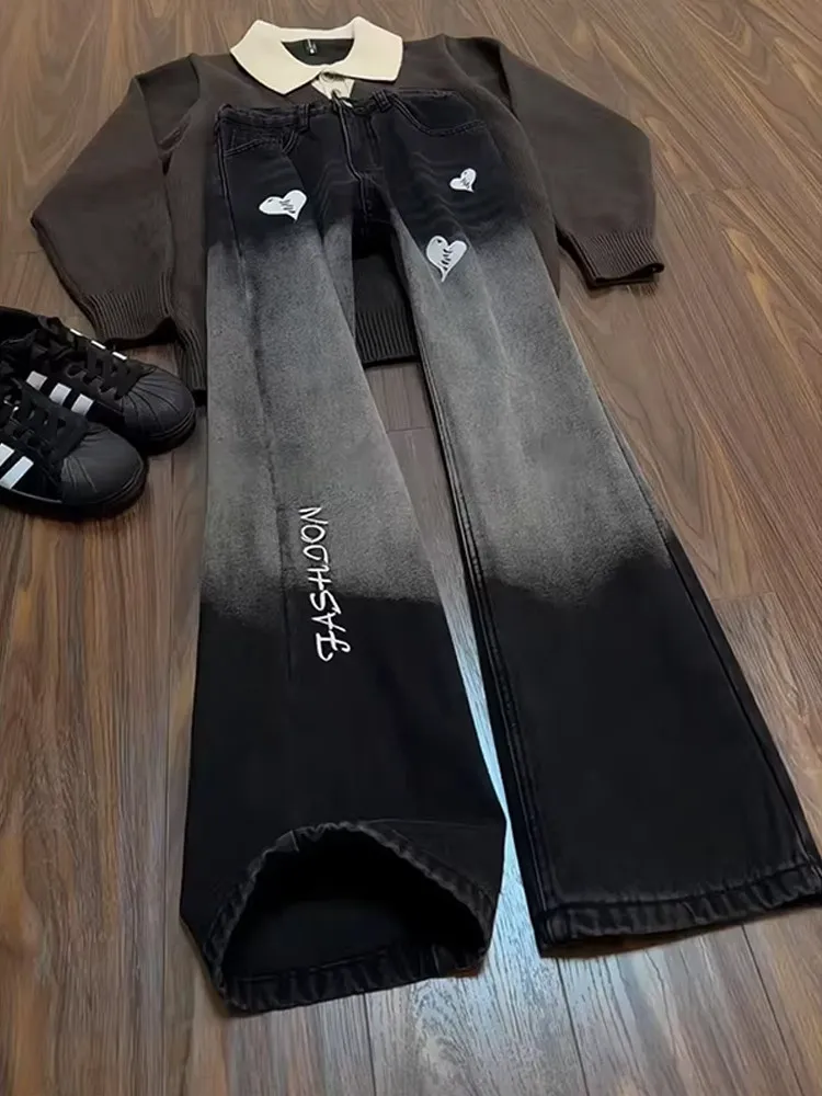 

American High Street Waed adient Men's Jeans Autumn Winter Fce Lined Micro Flared Pants Embroidered Heart Straight Leg