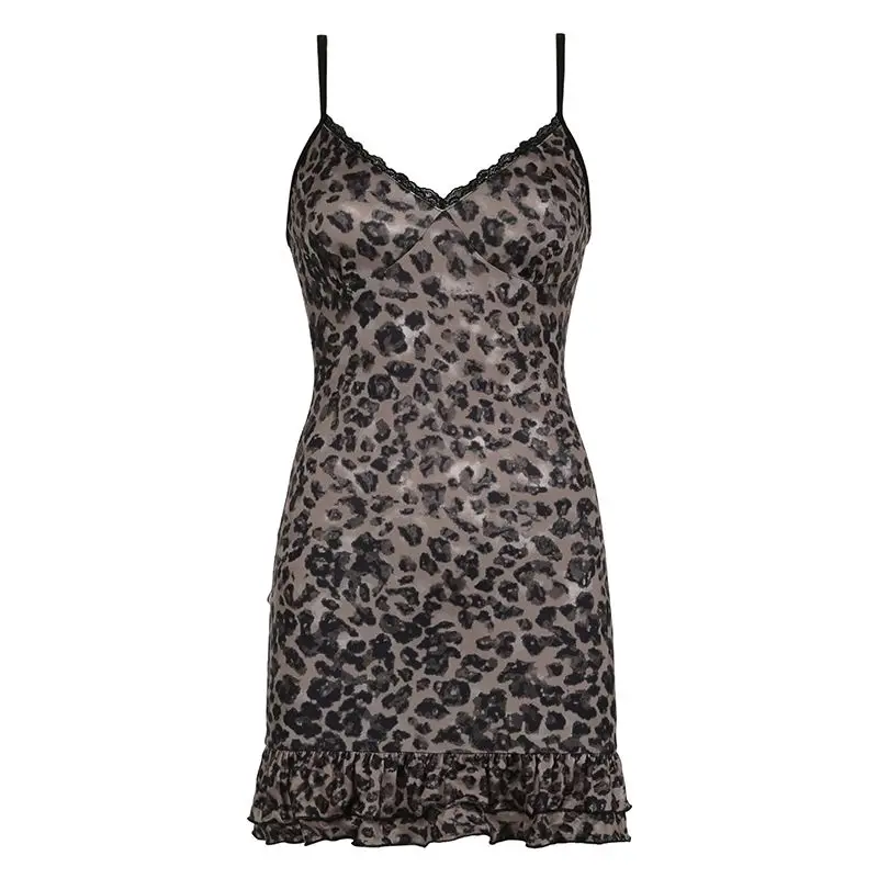 Houzhou Leopard gedruckt sexy Frau Kleid schlank Mini einteilig y2k ärmelloses Vintage Kleid Hotsweet Lece kurze Bodycone weiblich