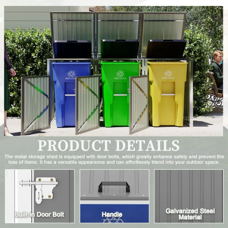 Grey 3 Trash Cans Garbage Bin Shed with Pneumatic Support Rod Lockable Doors Waterproof Lid for Patio Garden Backyard