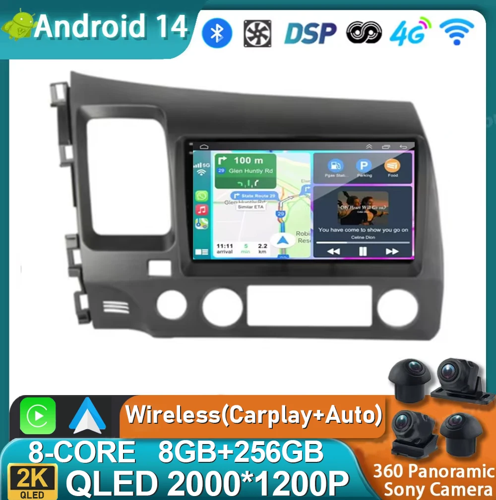 Android 14 For Honda Civic 8th 2005-2011 2K QLED Android Car Radio Multimedia Video Player GPS AI Voice CarPlay Head Unit Stereo