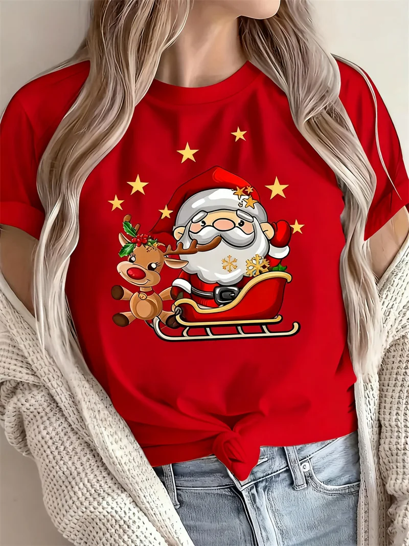 

3D Santa and Reindeer Print Women's T-Shirt Fashion Christmas Theme Round Neck Top Outdoor Casual Y2k Style Short Sleeve Clothes