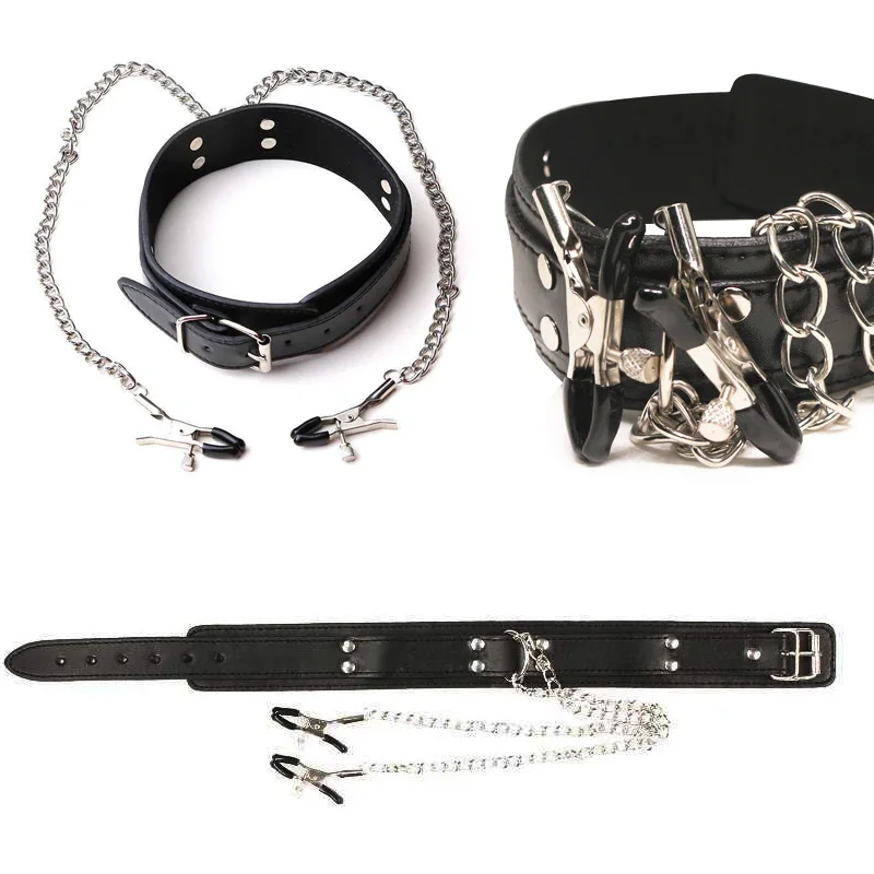 New Leather Choker Collar With Metal Nipple Breast Clamp Clip Chain Couple SM Sex Toys For Woman Sex Tools Adult Games Fetish