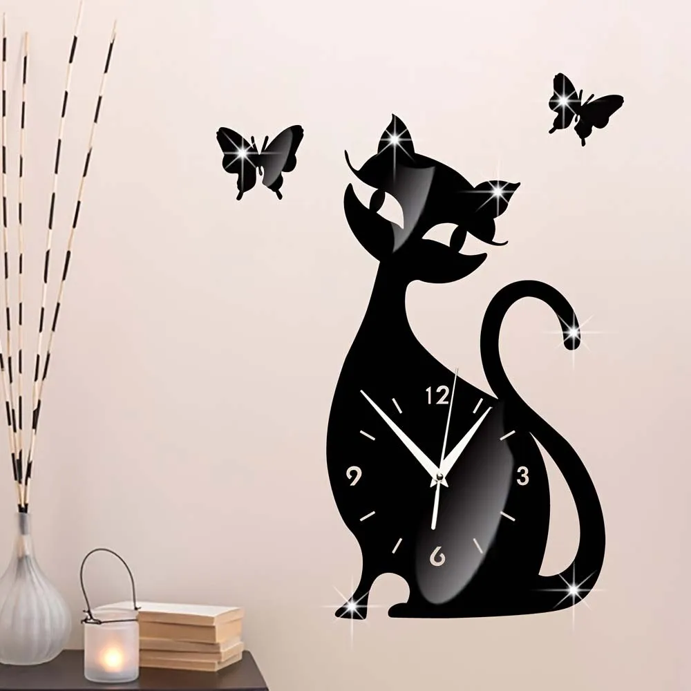 Wanduhr für Kinderzimmer, Schlafzimmer, niedliche kreative Uhr, Katzen-Wanduhr, geräuschlose Uhr, modern, dekorativ, ohne Batterie