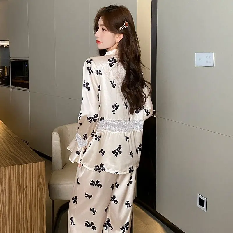 Ice and Snow Silk Pajamas Sleepwear Women Pijamas Ins Style Thin Silk Unique Lace Splicing Design Long-sleeved Loungewear