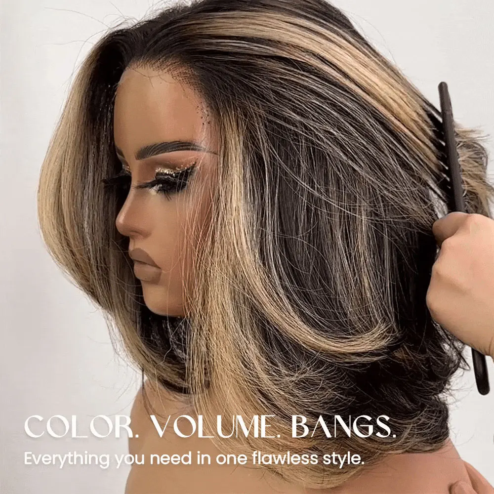 Perruque en cheveux humains vierges 100% ombrés blond cendré avec reflets, coupe bob dégradée, ondulation naturelle, fermeture en dentelle 5x5 sans colle, avec ligne de cheveux pré-épilée, 16 pouces pour femmes.