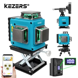 KEZERS -緑色レーザーレベル3D,12ライン,セルフレベリング,360 mAh,バッテリー,ドロップコントロールクロス