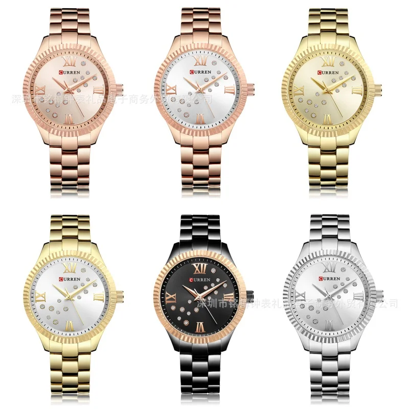 Curren-reloj con correa de acero para mujer, cronógrafo de cuarzo, resistente al agua, informal, a la moda, 9009
