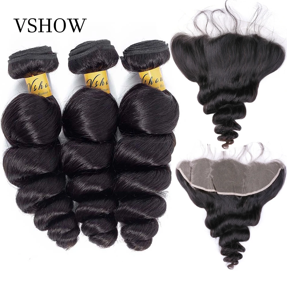 

VSHOW Brazilian Loose Wave 3 Bundles With Closure 13x4 Frontal 100% Human Hair Weave Bundles With Frontal Remy Hair Extensions