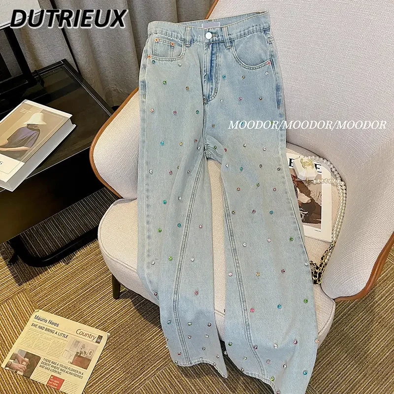 

Summer American Style Retro Minority High Waist Straight Jeans Women's High-Grade Fashionable Starry Rhinestone Loose Trousers