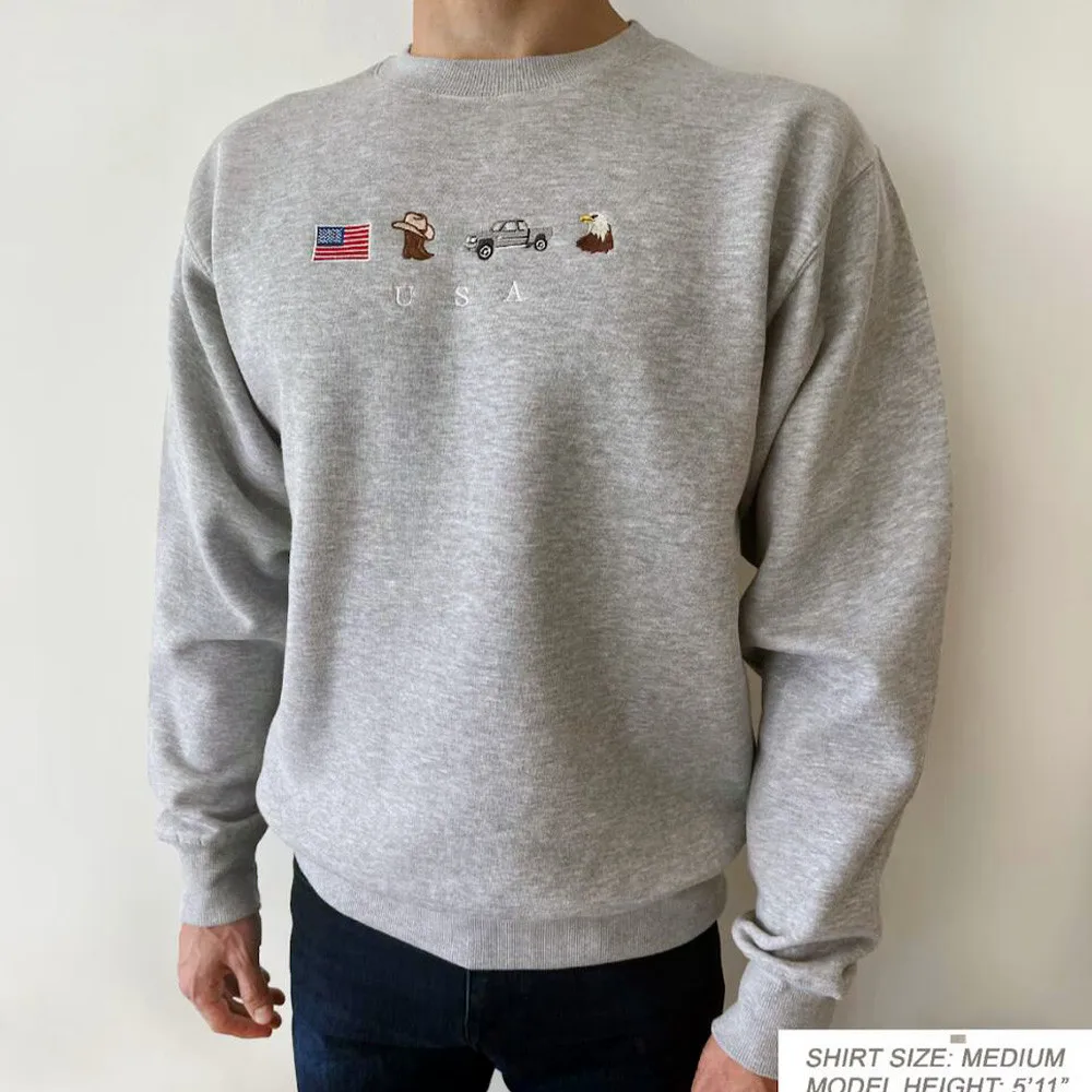 American Elements Embroidered Retro Style Unisex Sweatshirts 2024 Autumn New Thick Fleece Long Sleeve Pullover Crewneck