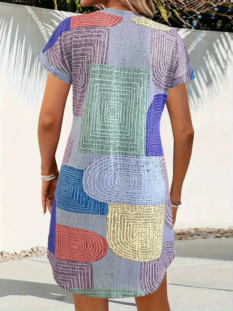 Europeu e americano transfronteiriço verão novo padrão geométrico impressão moda solta com decote em v botão vestido de manga curta