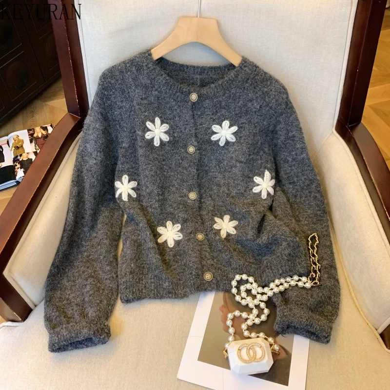 

Милый свитер с 3D цветочной вышивкой, вязаный кардиган, женский осенне-зимний винтажный серый трикотаж с круглым вырезом и длинными рукавами, верхняя одежда, топы