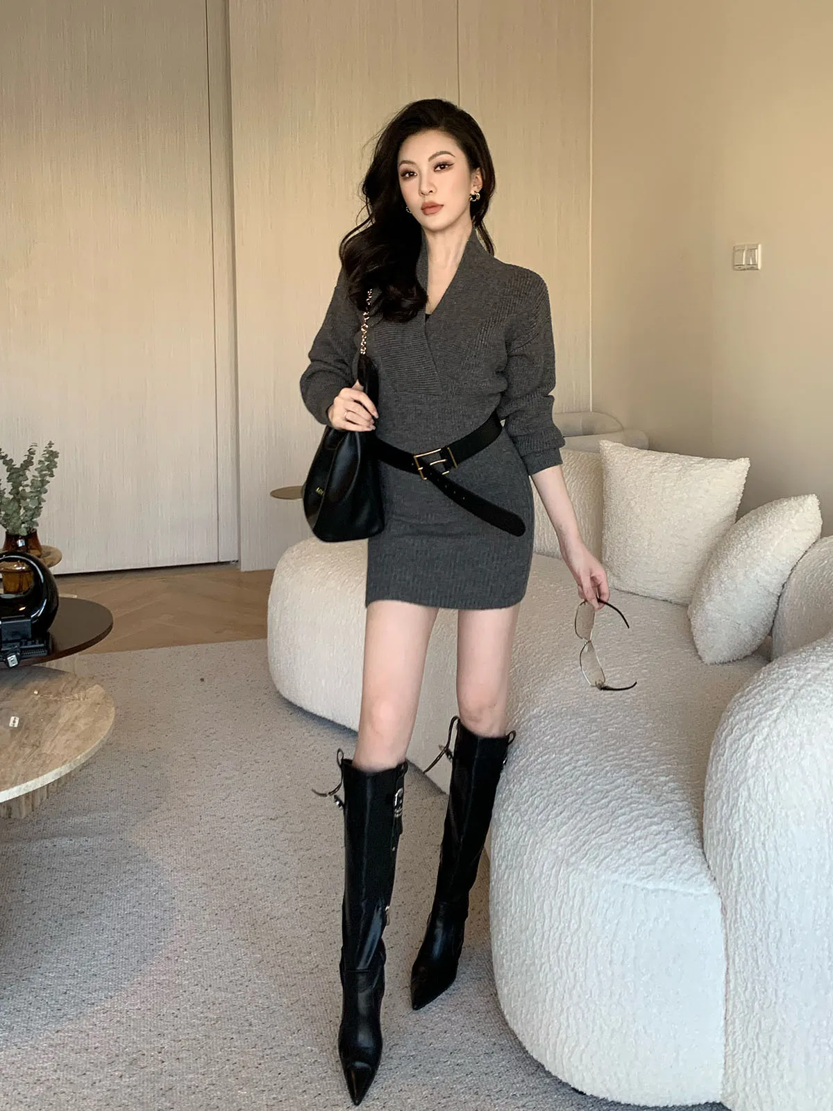 

Autumn Winter V-Ne ort Knitted Wrap Body Dr Faionable Ele Long Sve Skirt New Sle Versatile Casual H-Sle D...