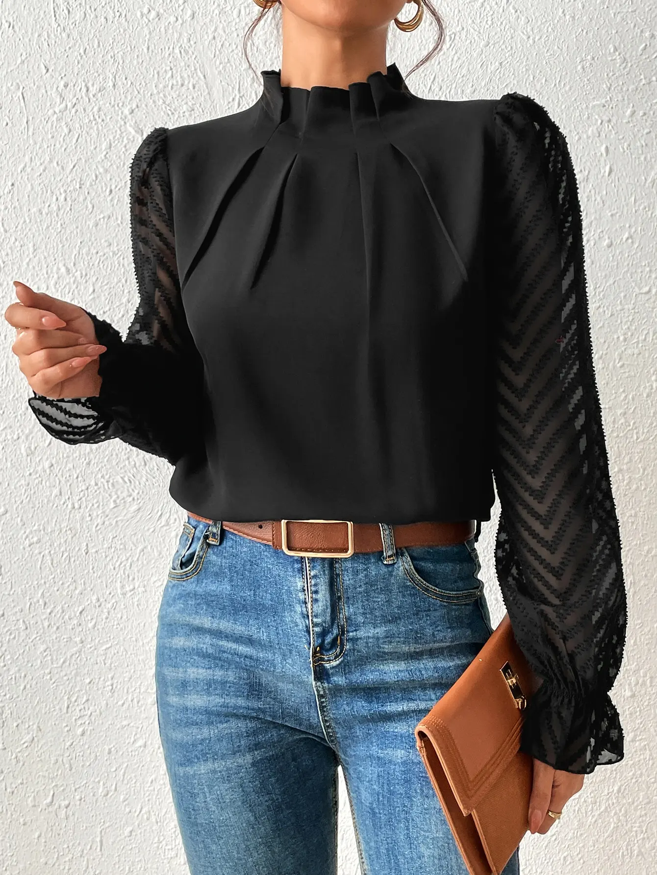

Black Ruffled High Neck Blouse with Sheer Zigzag Long Sleeves for Elegant Office or Casual Wear