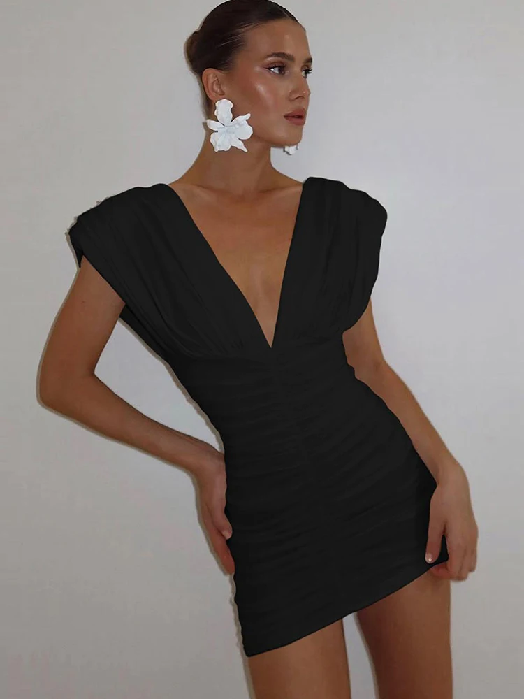 Nibber Klassieke Ruches Elegante Jurk Vrouwen Y2K Perzik Billen Diepe v-hals Effen Mouwloos Verjaardagsfeestje Zomer Mini Bodycon
