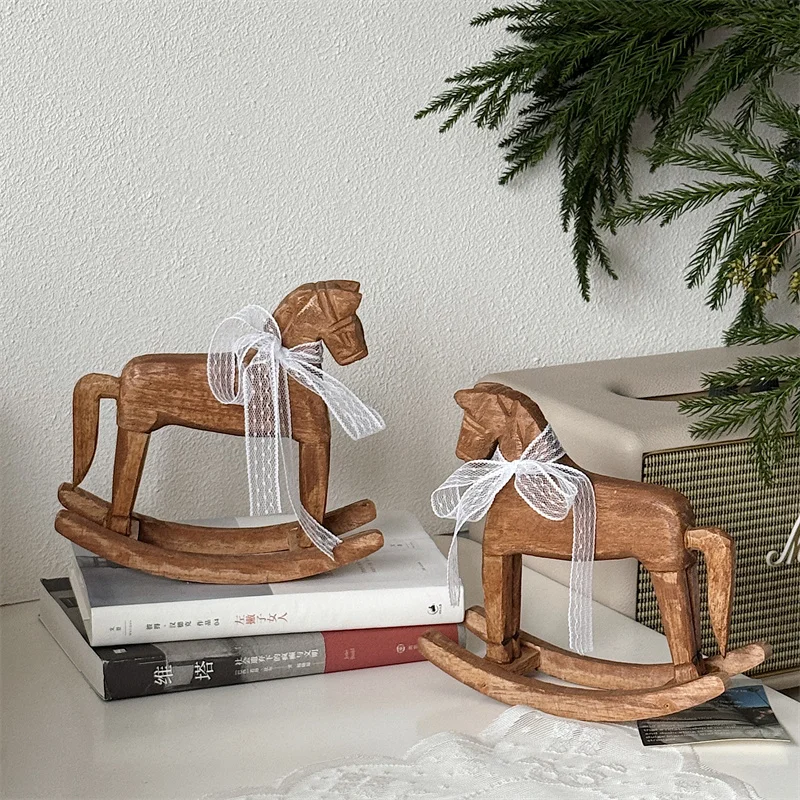 Silk Ribbon Rocking Horse Ornament Hobbyhorse Wooden Hand-carved Decorative Figurines Home Decoration Handicrafts