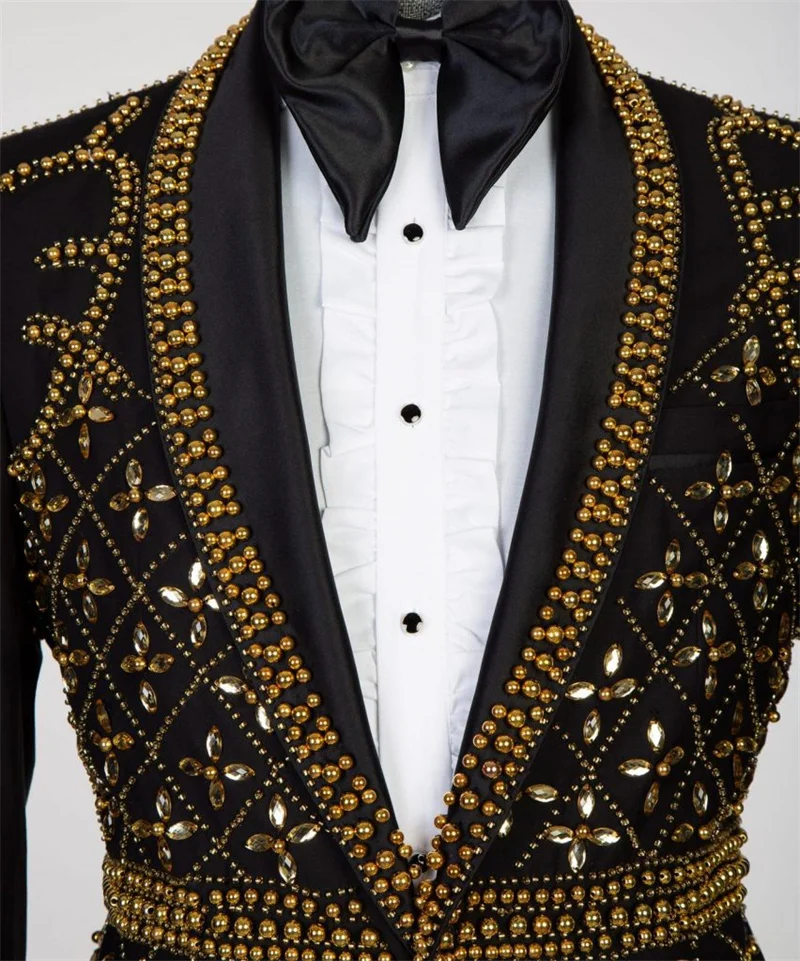 Conjunto de ternos masculinos com contas douradas, 2 peças, blazer + calças, smoking de casamento, jaqueta formal de escritório, algodão, masculino, tapete vermelho