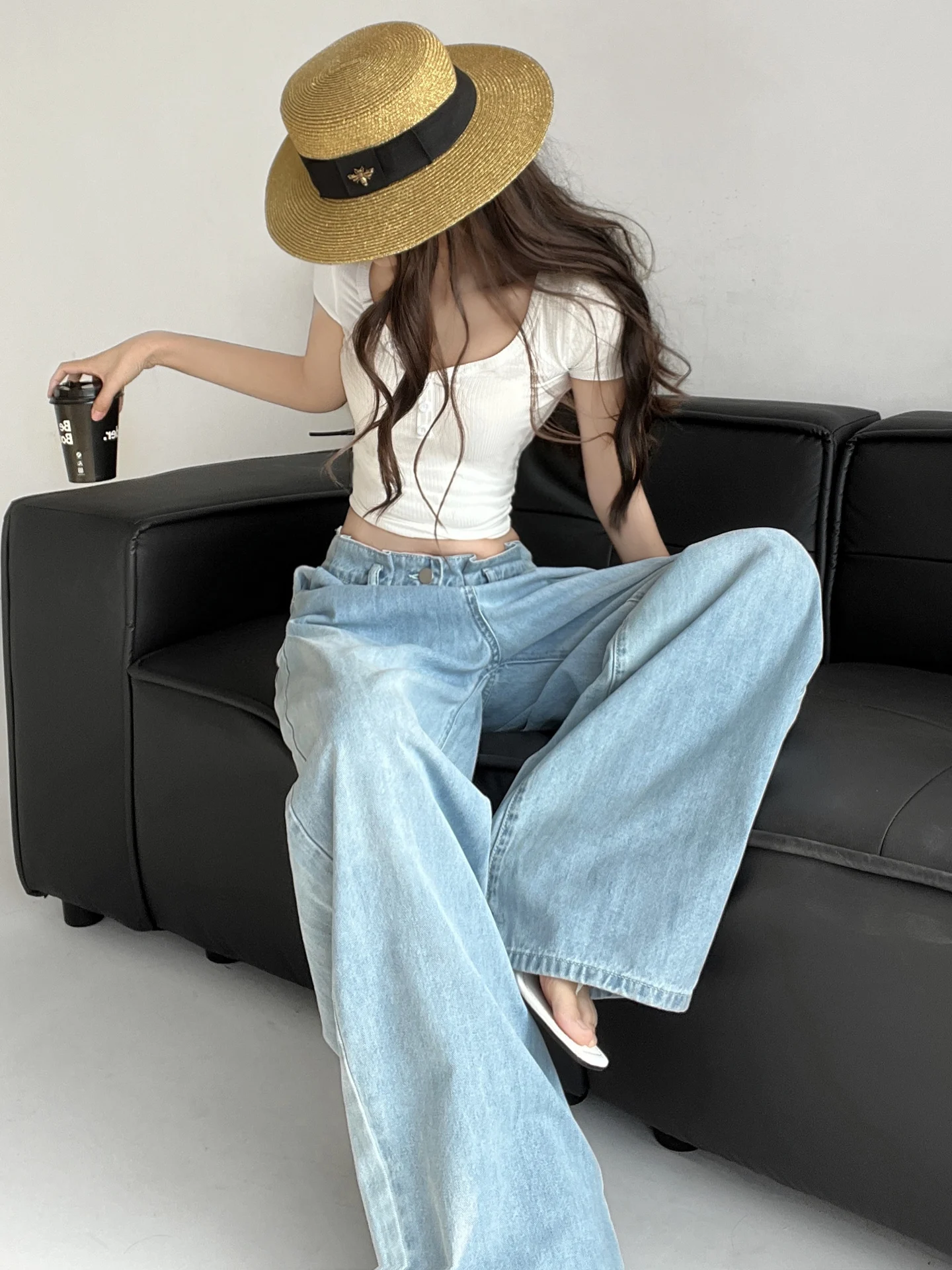 

Женские свободные джинсовые брюки с длинной талией, повседневные уличные винтажные широкие джинсы, повседневные всесезонные неэластичные джинсы