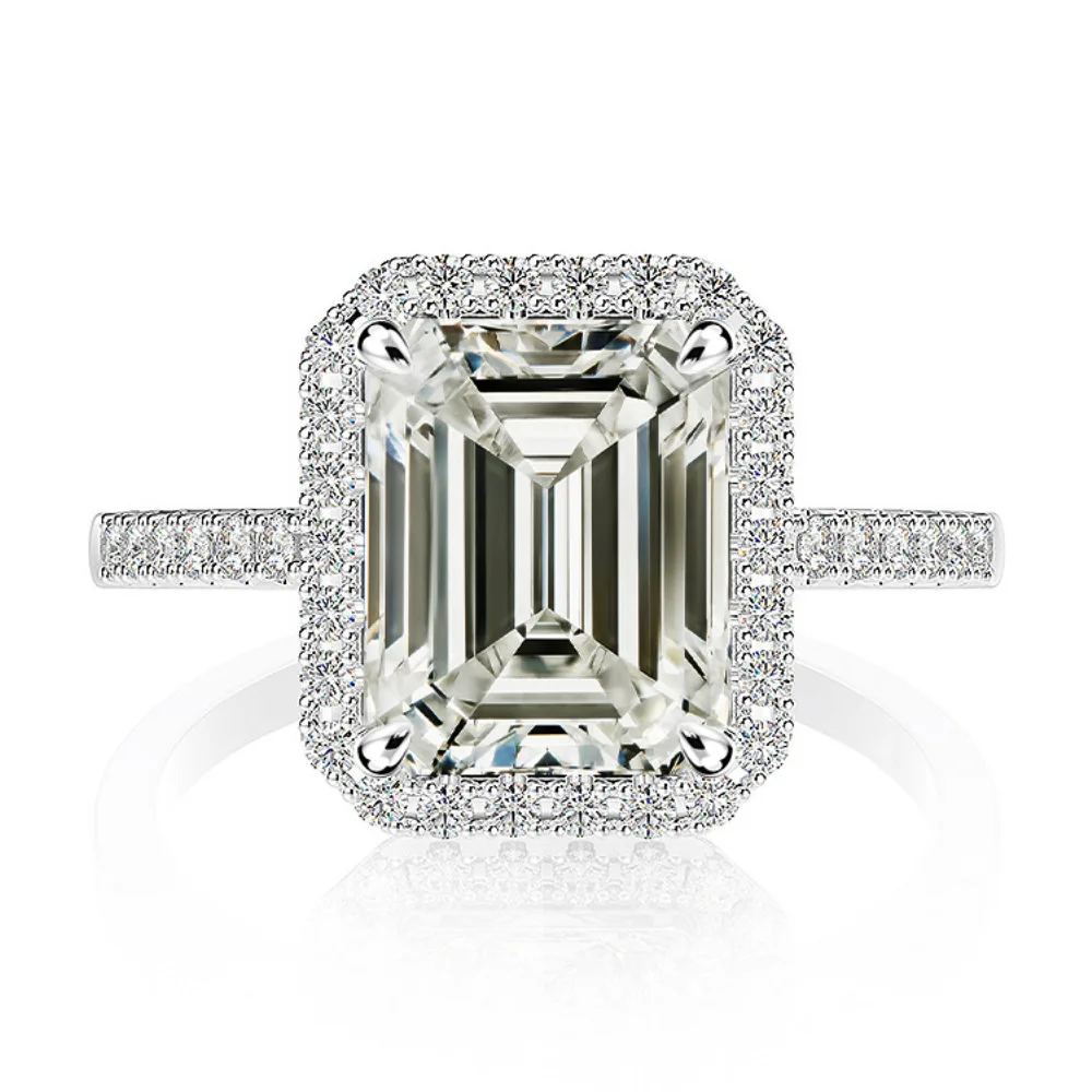 

4CT D Color Emerald Cut Moissanite Ring, 8x10mm S925 Sterling Silver Plated White Gold Vintage Style Women's Jewelry