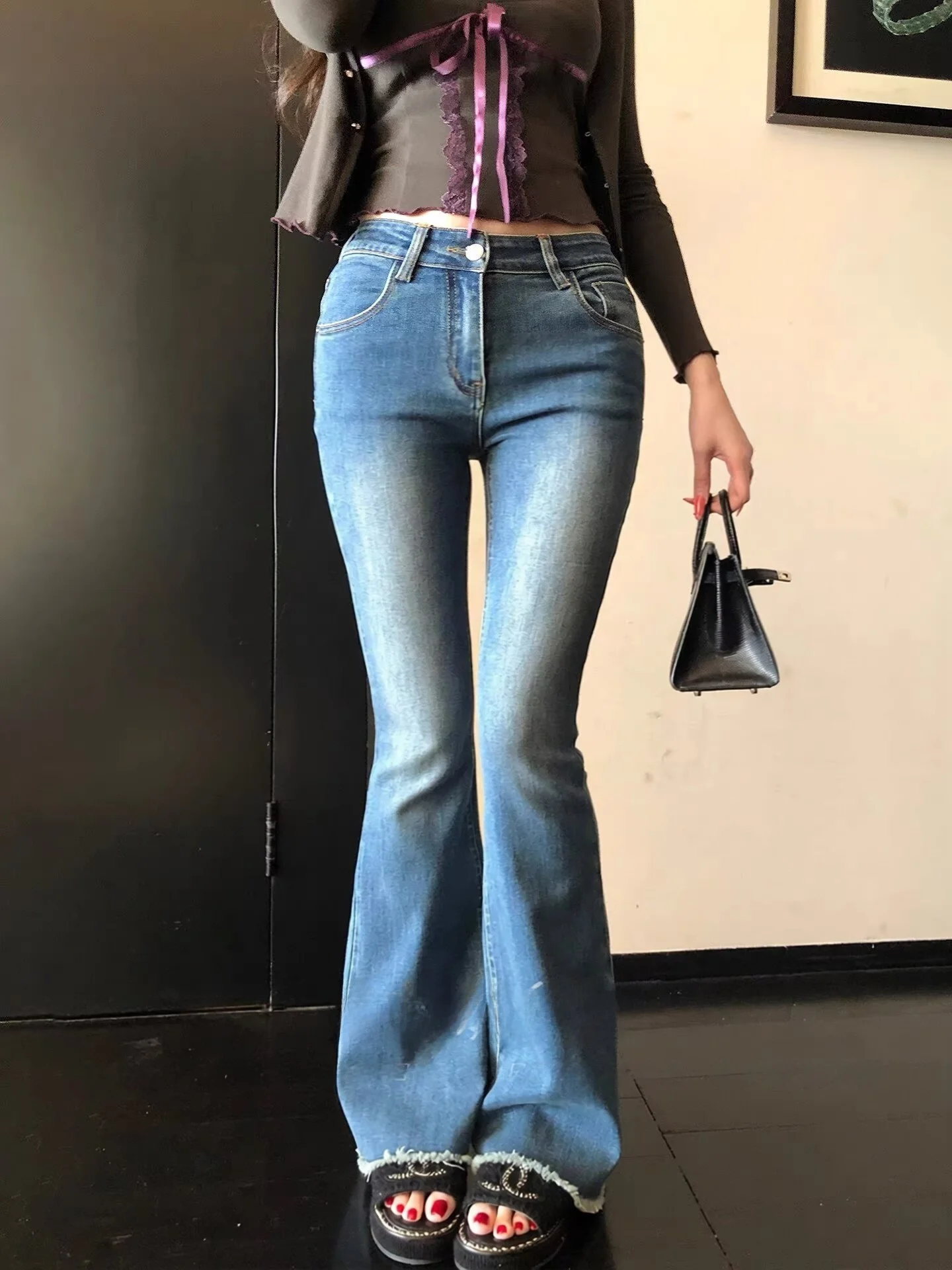 

Low Waist Bell Bot Jeans Women's Retro Waed Slim Fit Jeans Cotton Stretch Denim mid Rise Bell ape Ladies' Trousers