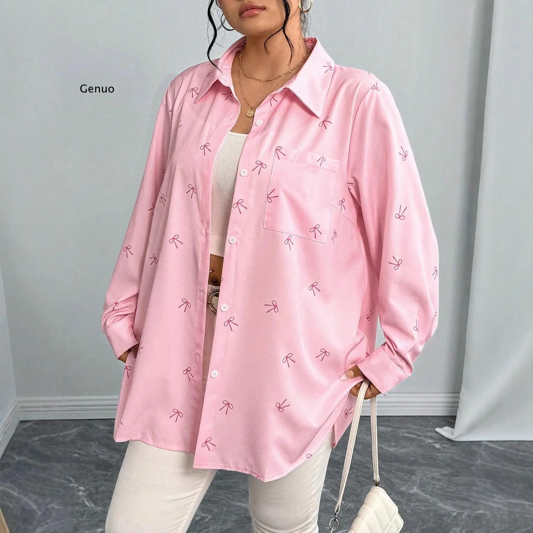 

Новая женская блузка больших размеров на осень 2026 с бантом, принтом, длинным рукавом, на пуговицах, повседневная, свободного кроя