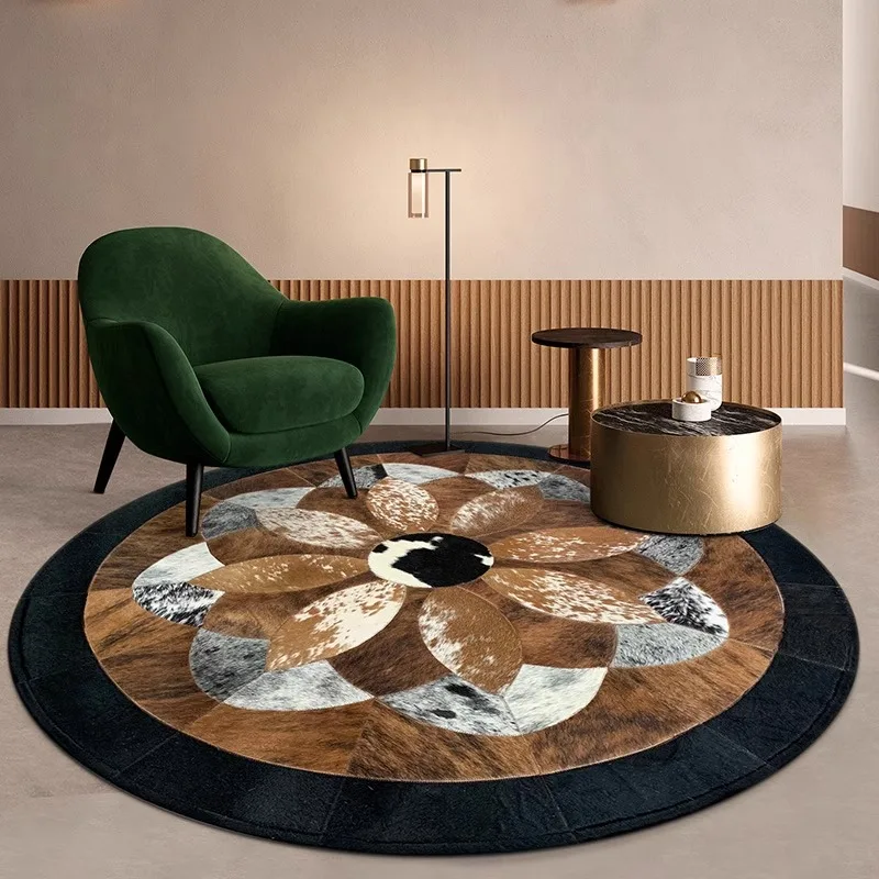 

Real Genuine Cowhide Round Carpet Living Room American Style Handmade Patchwork Area Rug Bedroom Decor Nature Cow Fur Sofa Mat