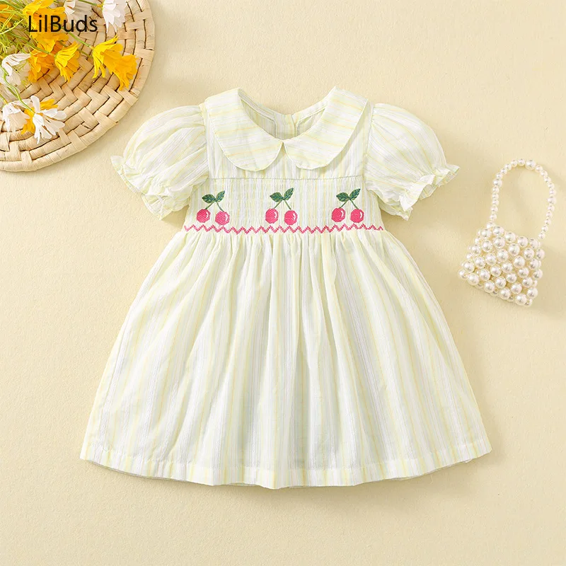 

2024 New Dress Children Embroidered Cherry Princess Costume Doll Collar Short Sleeve Clothes Cute Kids Girls Matching Summer