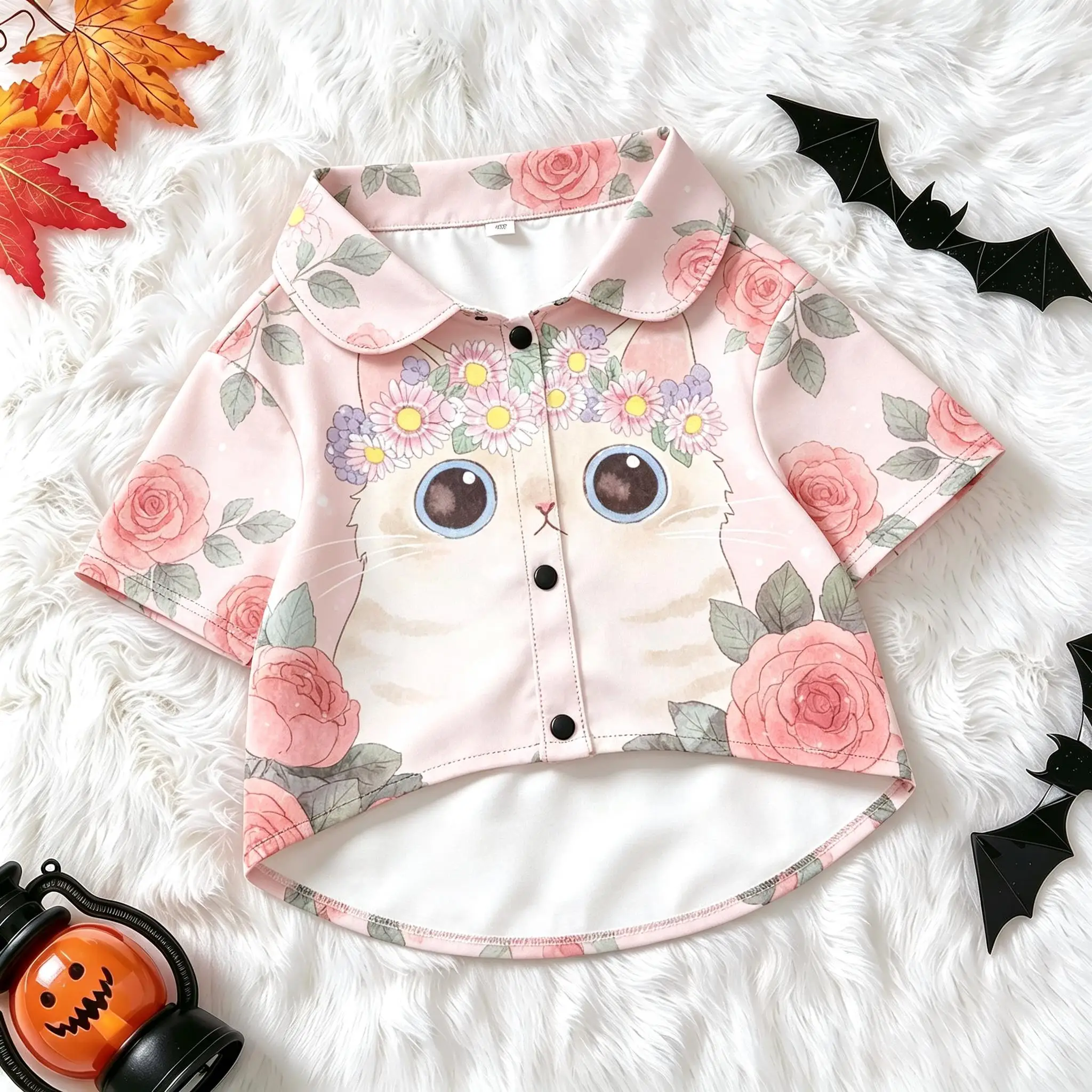 Pet Dog Shirt Pink Rose Cat Flower Crown Print Lightweight Button Up for Small Medium Dogs Sweet Elegant Theme Daily Wear