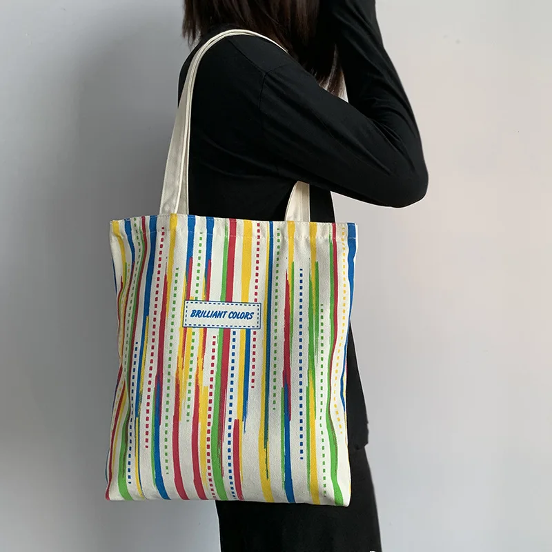 Borsa per la spesa a righe con linea punteggiata arcobaleno borsa per la spesa grande moda da donna con cerniera tasca interna Casual estate stile semplice Eco Friendly