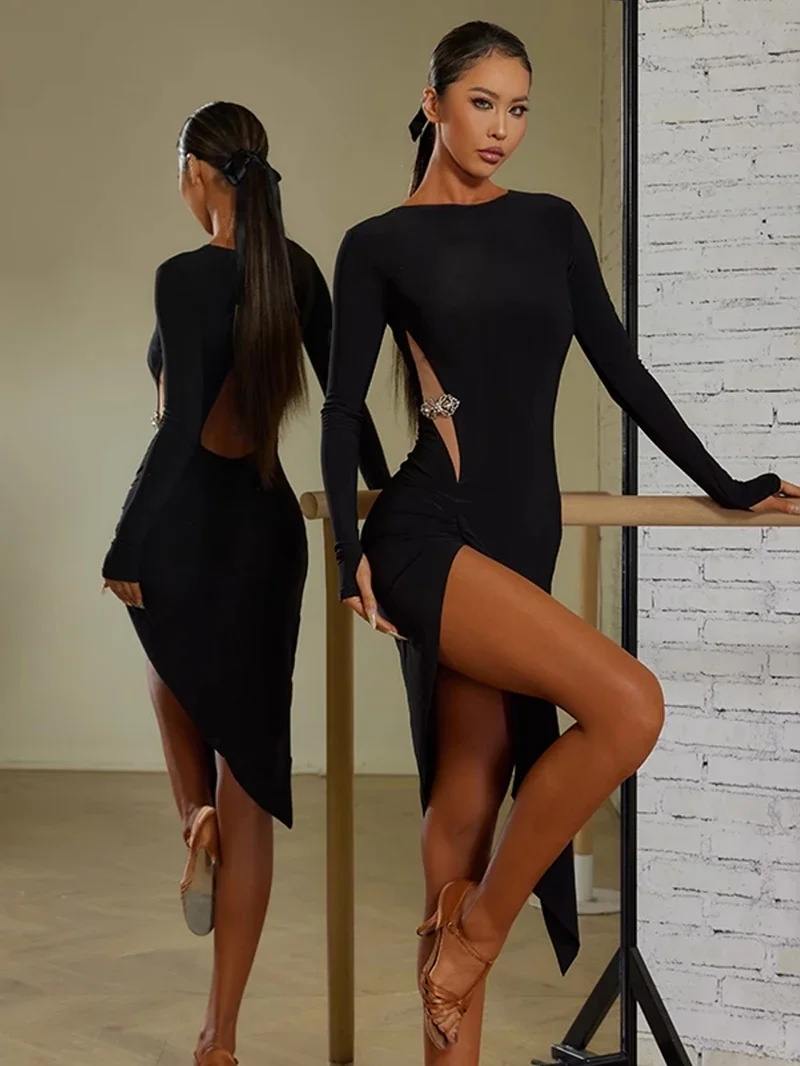 ชุดเดรสผ่าหลังแบบเปิดหลัง ดีไซน์หรูหราและสง่างาม สำหรับผู้หญิง ชุดฝึกซ้อมเต้นละติน ชุดเต้นบอลรูมสำหรับผู้ใหญ่ พร้อมชุดชั้นในในตัว