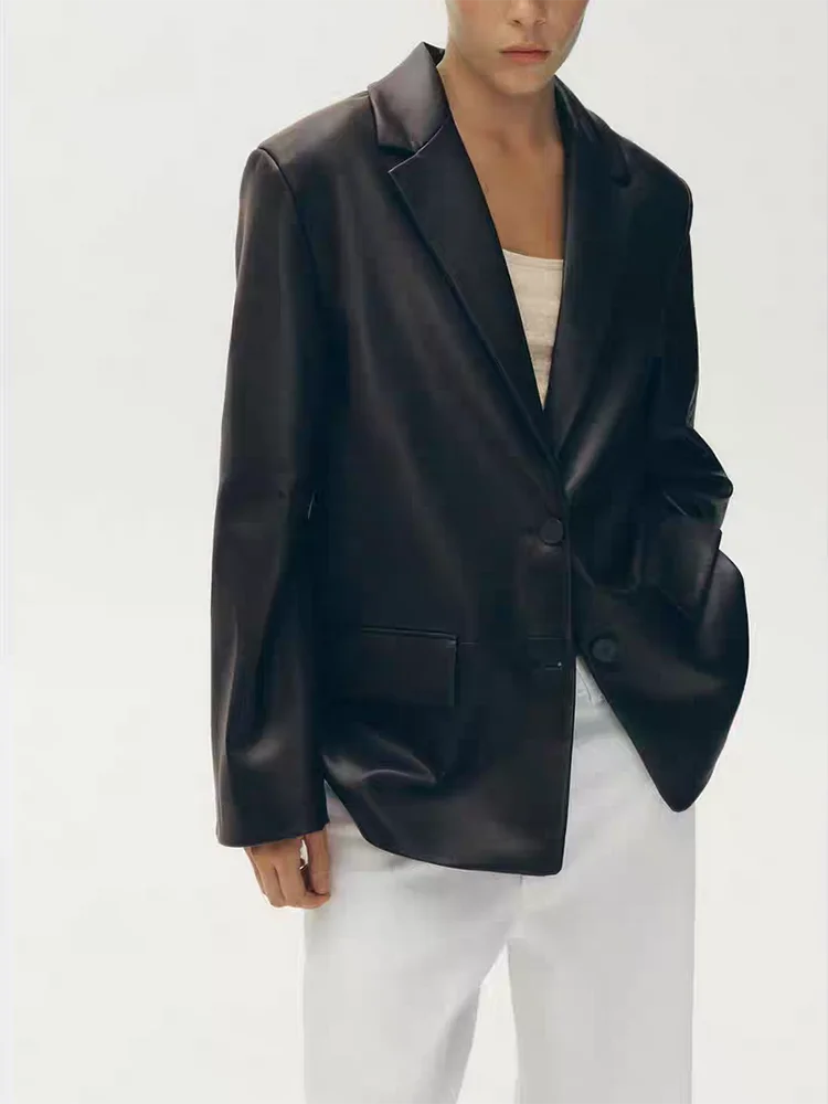 Faionable Loose Long Sve Leather Effect Suit Jaet Women's Casual Sle Autumn New Arrival Button Closure Coat