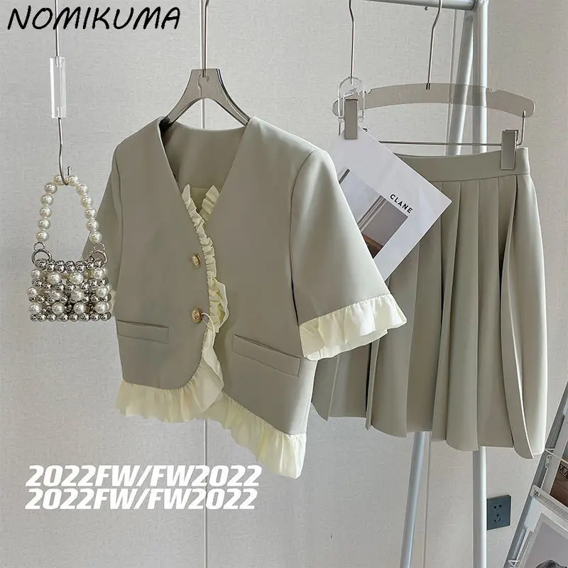 Nomikuma 2023 Summer Women Sets Sweet Ruffle Hit Color Patchwork Short Sleeve V-neck Tops + High Waist Causal Mini Pleated Skirt