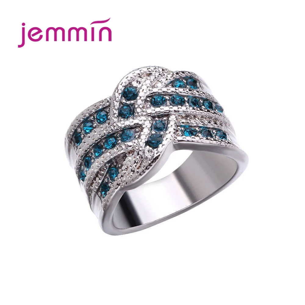 Vintage Style Real 925 Silver  Finger Ring for Women Anniversary Gift Covered with Blue Crystal 925 Silver Jewerly