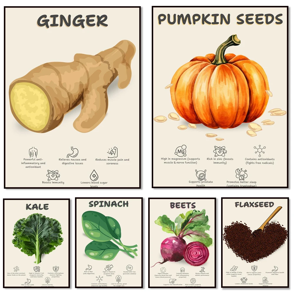 Espinacres, colhído, pimiento de campana, semillas de calabaza, patata dulce, jengibre, brócoli, té verde, remolacha, ajo, cartel de cocina de comida saludable