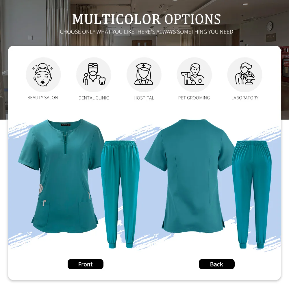 2 Stuks Verpleegster Uniformen Vrouwen Mannen Korte Mouwen V-hals Tops + Joggingbroek Scrubs Pakken Effen Kleur Ziekenhuis Arts werken Uniform