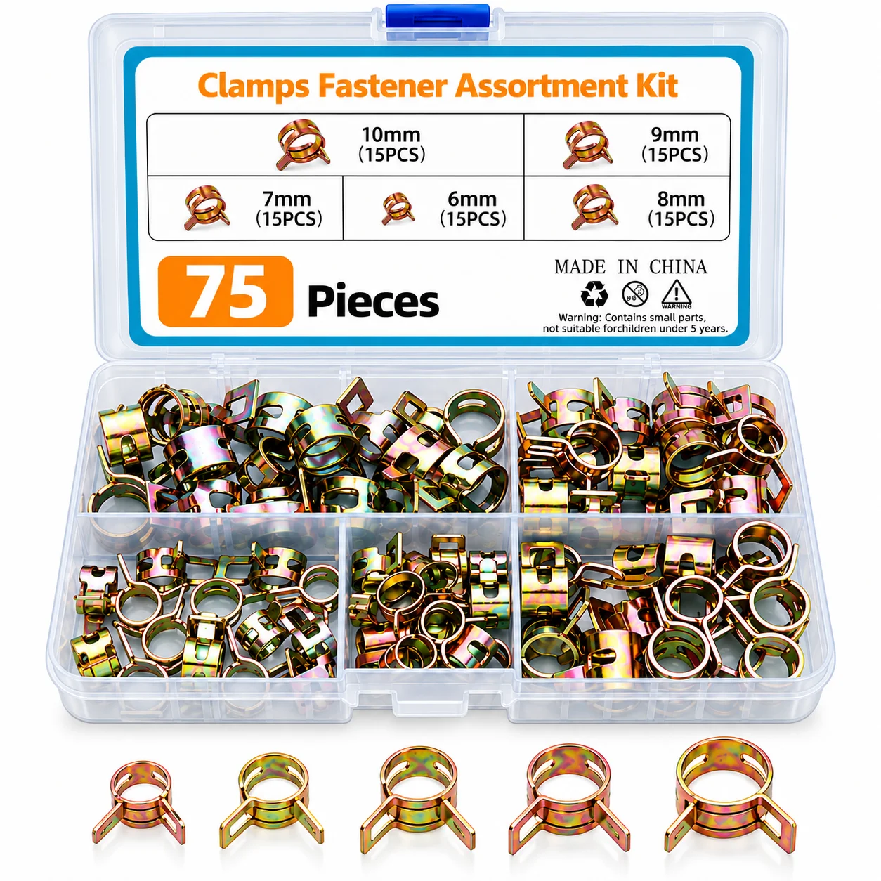 75Pcs Fuel Line Spring Hose Clamps 65Mn Spring Steel Clips For Silicone Vacuum Hose Water Pipe Air Tube 6mm 7mm 8mm 9mm 10mm