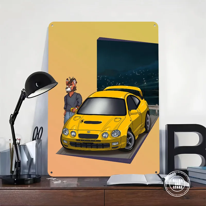 Yellow With Anthro Character Car Printed Poster Customized Wall Art Retro Vintage Metal Tin Signs for Garage Bedroom Decoration