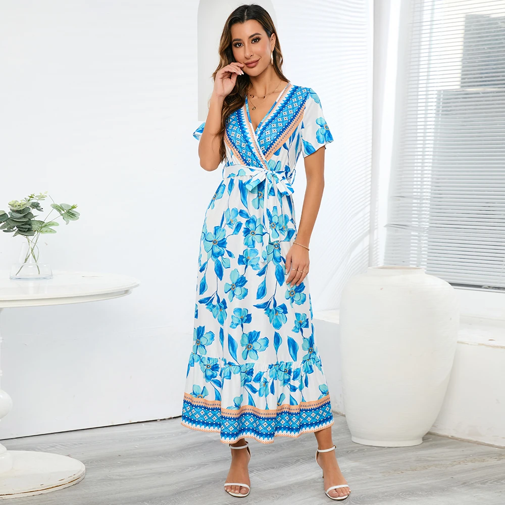 

COZOK 2023 Women New Summer Bohemian Floral Printed Casual Wrap V Neck Short Sleeve Full Long Beach Party Maxi Dress