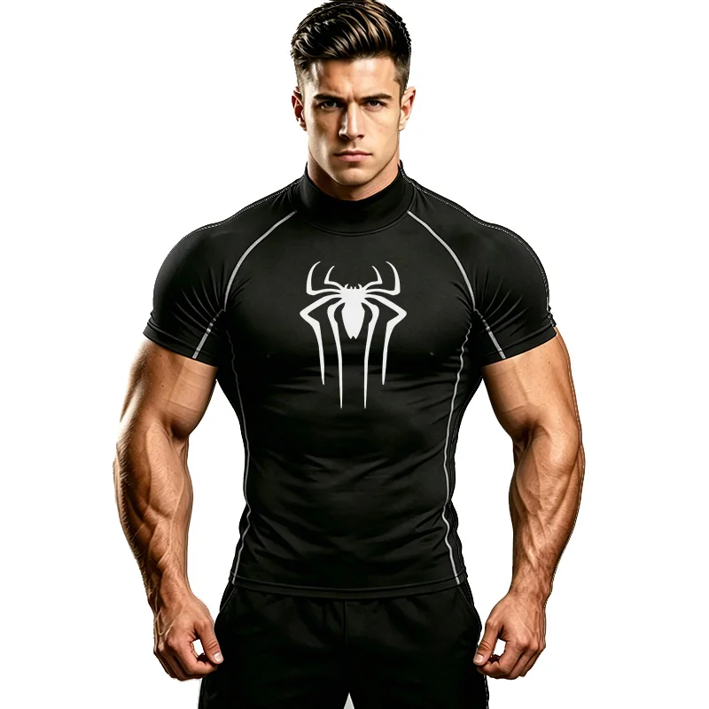 Mens Bodybuilding Sports Tight T-shirt Summer Compression Turtleneck Short Sleeve Gym Fitness Running Quick Dry Male Workout To