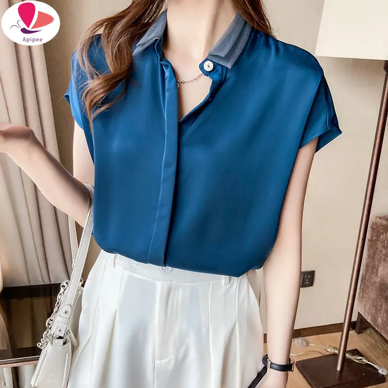 Satynowa bluzka damska z krótkim rękawem Top Office Lady V Neck Solid Color Office Blouses Fashion Summer Chiffon Shirt Blusas De Mujer