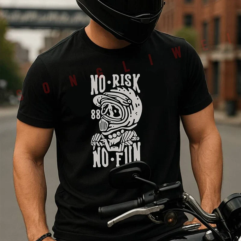 

No Risk No Fun With Skeleton Wearing Motocross Helmet Men's Cotton T-shirt Summer Short Sleeved Casual Round Neck Unisex Tops
