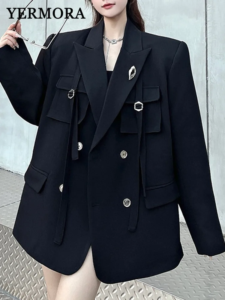 

YERMORA двубортный повседневный пиджак с черной лентой для женщин, свободная новая куртка с лацканами и длинными рукавами, модная куртка Tdie, весна-осень 2025