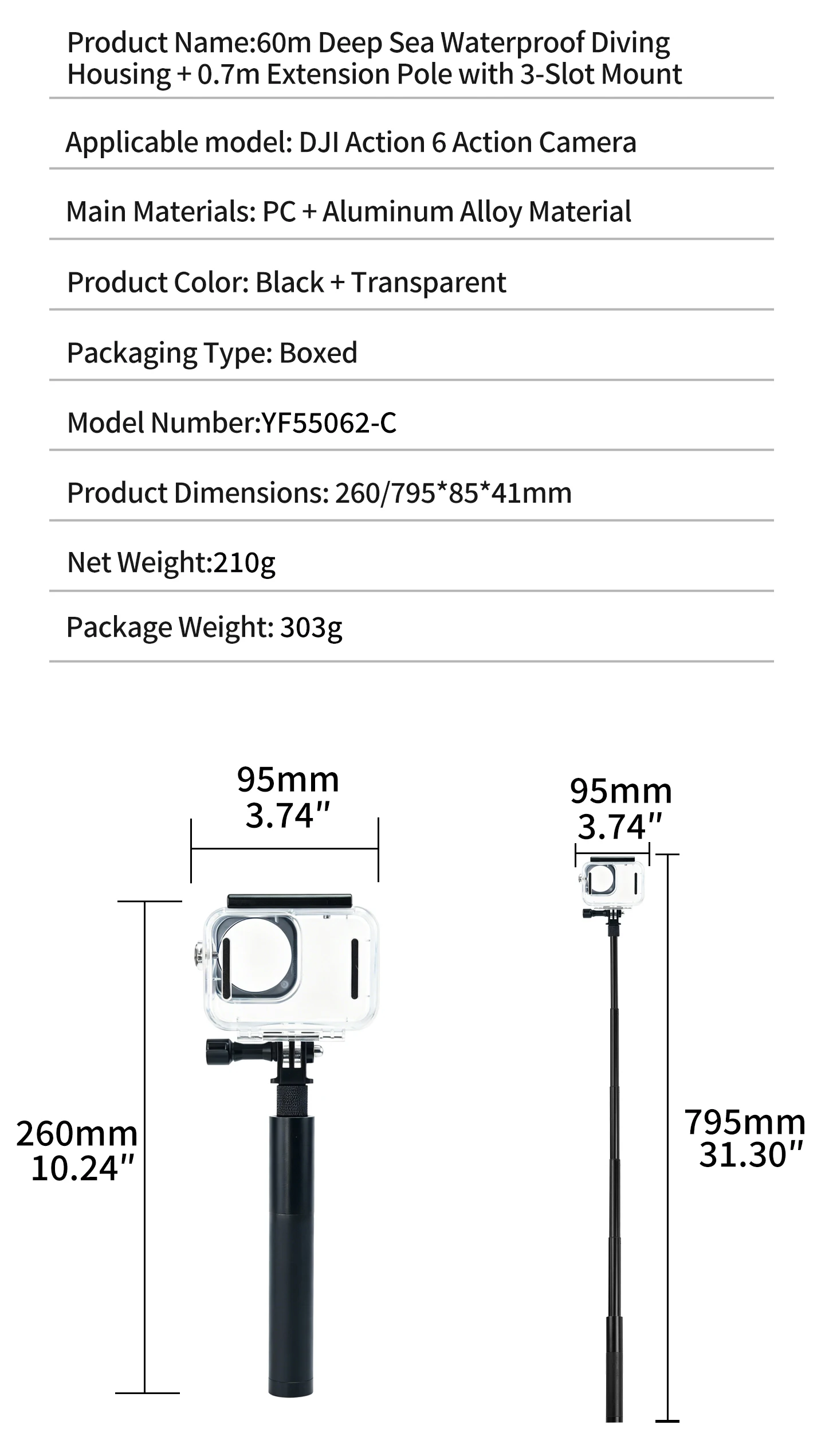 60M Wasserdichtes Gehäuse für DJI Osmo Action 6 mit 0,7M Verlängerungsstange Langstrecken-Unterwasser-Tauchkamera Zubehör-Set – Detail 11