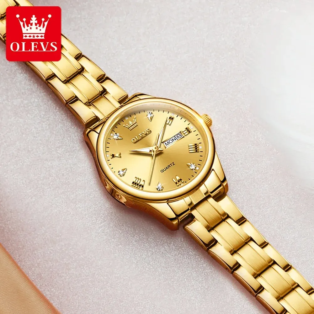 OLEVS 5563 Women Quartz Wristwatch Stainless Steel Waterproof Luminous Auto Date Week Clock Original Luxury Elegant Ladies Watch